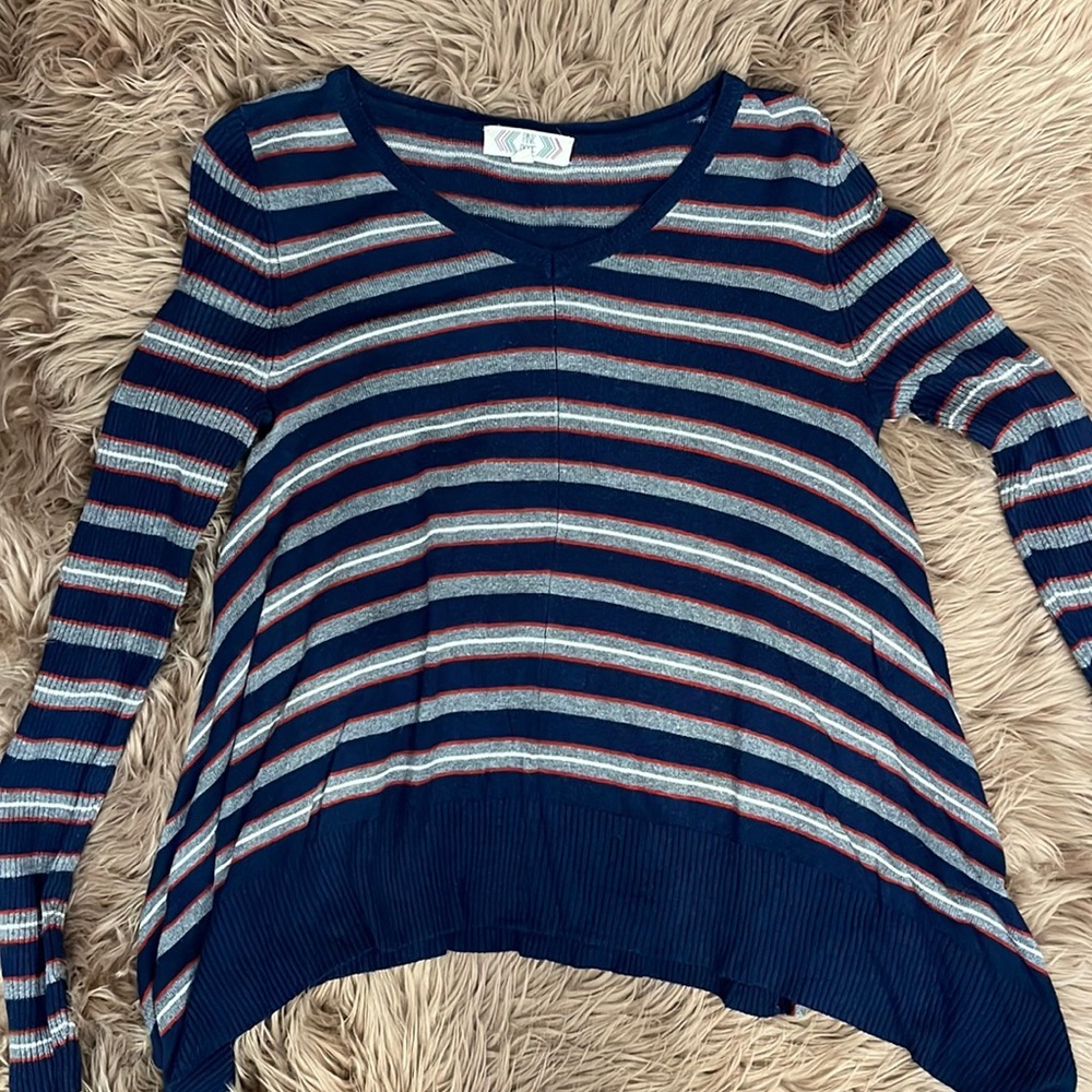 Blue, red, gray and white striped top, size sm